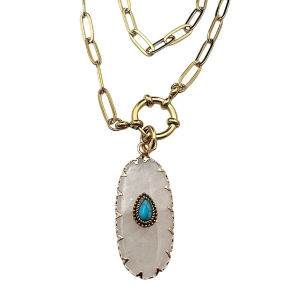 Rose Quartz Turquoise Gemstone Pendant Necklace 18K Gold Plated Chain 17 Inch - Picture 1 of 8